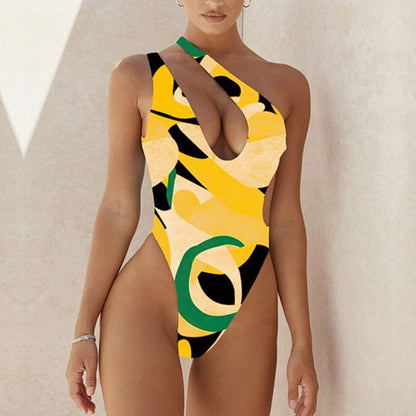 One Piece Swimsuit 2023 New Women Floral One Shoulder Swimwear Female Cut Out Monkini Bodysuit Beach Swimming Suit Beachwear 8