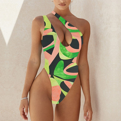 One Piece Swimsuit 2023 New Women Floral One Shoulder Swimwear Female Cut Out Monkini Bodysuit Beach Swimming Suit Beachwear 14