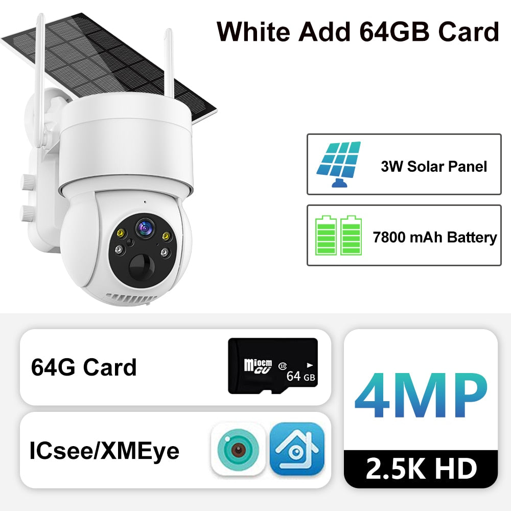 Outdoor Solar Camera with Wifi, PIR Human Detection, and Rechargeable Battery - 4MP Wireless Surveillance IP Camera with Solar Panel White Add 64GB Card
