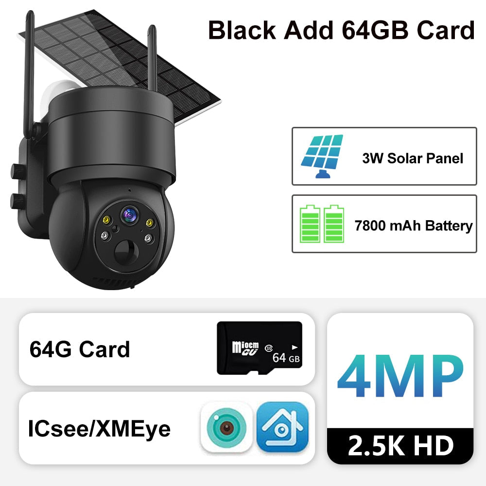 Outdoor Solar Camera with Wifi, PIR Human Detection, and Rechargeable Battery - 4MP Wireless Surveillance IP Camera with Solar Panel Black Add 64GB Card