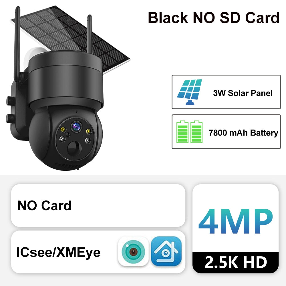 Outdoor Solar Camera with Wifi, PIR Human Detection, and Rechargeable Battery - 4MP Wireless Surveillance IP Camera with Solar Panel Black NO SD Card