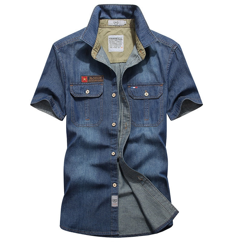 Oversize 100% Cotton Denim Blue Shirts For Men's Short Sleeves Summer Design Style Fashion Casual Clothing 3106 1