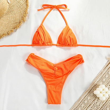 Patchwork Bikini Set String Thong Women Swimwear Women Bathing Suit Female Bikinis Woman 2023 Small Ruffle Swimsuit Swimwear Orange