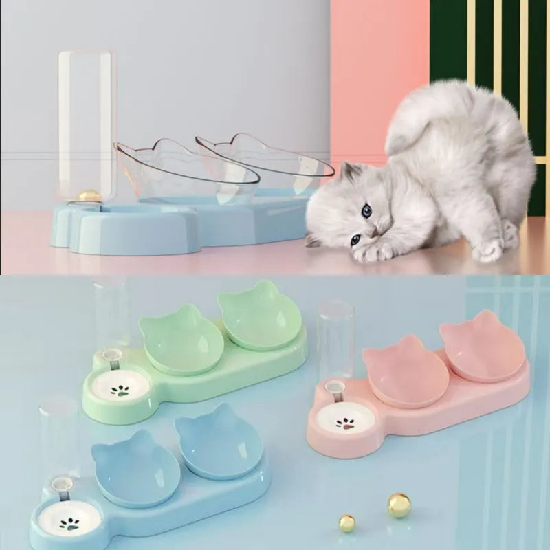 Pet Cat Bowl Automatic Feeder 3-in-1 Dog Cat Food Bowl With Water Fountain Double Bowl Drinking Raised Stand Dish Bowls For Cats