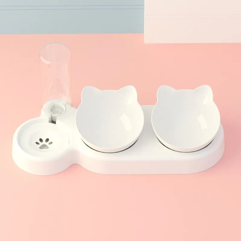Pet Cat Bowl Automatic Feeder 3-in-1 Dog Cat Food Bowl With Water Fountain Double Bowl Drinking Raised Stand Dish Bowls For Cats Pure White transparent pet feed