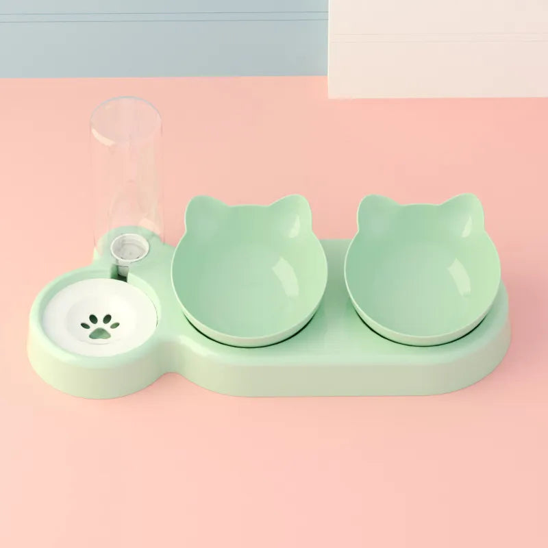 Pet Cat Bowl Automatic Feeder 3-in-1 Dog Cat Food Bowl With Water Fountain Double Bowl Drinking Raised Stand Dish Bowls For Cats Pure Green transparent pet feed