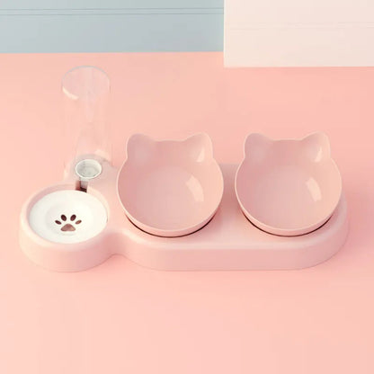 Pet Cat Bowl Automatic Feeder 3-in-1 Dog Cat Food Bowl With Water Fountain Double Bowl Drinking Raised Stand Dish Bowls For Cats Pure Pink transparent pet feed
