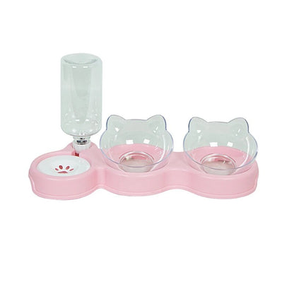 Pet Cat Bowl Automatic Feeder 3-in-1 Dog Cat Food Bowl With Water Fountain Double Bowl Drinking Raised Stand Dish Bowls For Cats Pink transparent pet feed
