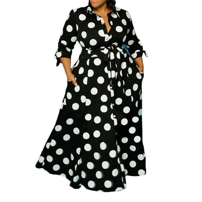 Plus Size Women's Clothing Dresses Dot Printed with Pockets Slashes Fashion Maxi Dress Hot Sale Black