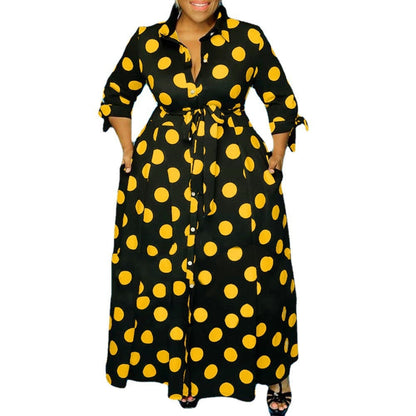 Plus Size Women's Clothing Dresses Dot Printed with Pockets Slashes Fashion Maxi Dress Hot Sale Yellow