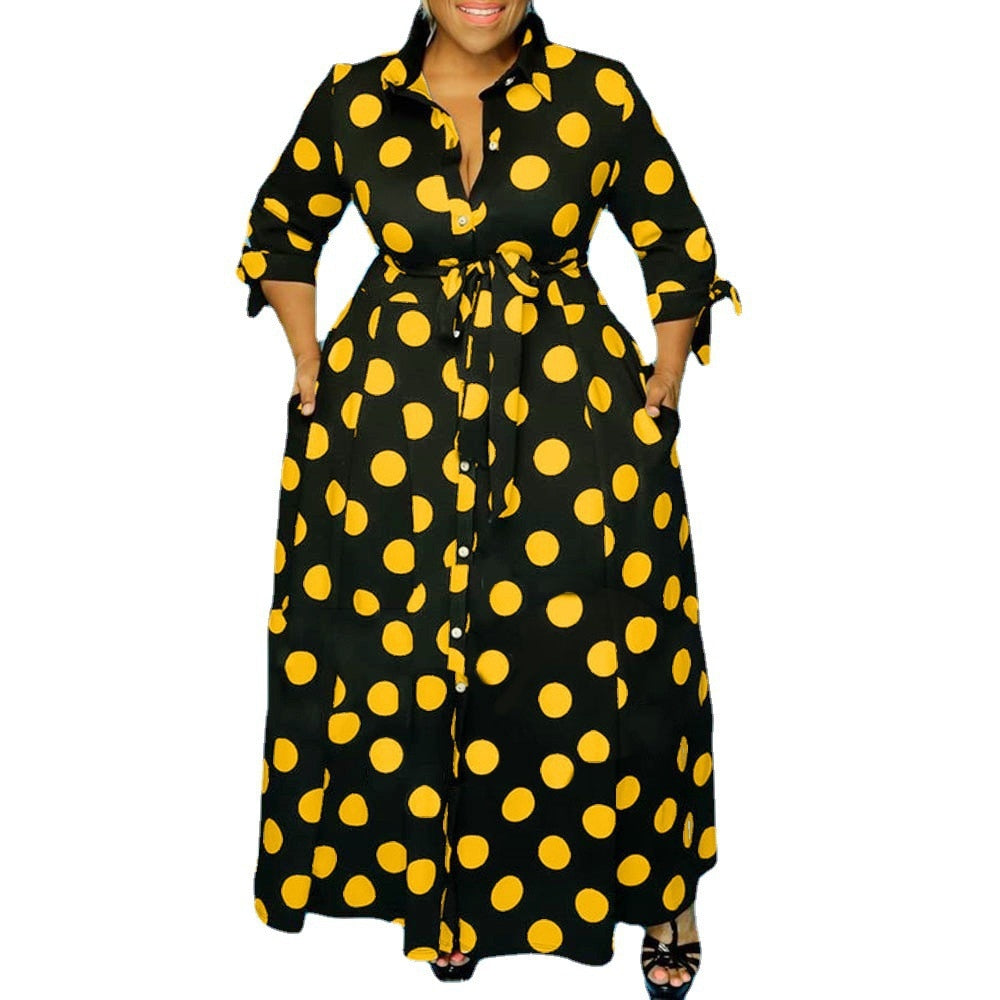 Plus Size Women's Clothing Dresses Dot Printed with Pockets Slashes Fashion Maxi Dress Hot Sale