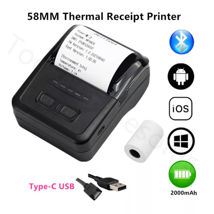 Portable Mini 58mm Wireless Thermal Receipt Ticket Printer Mobile Phone Bill Machine Bluetooth Printer Type-C Battery Recargable