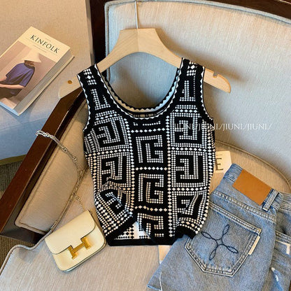 Retro Minority Black Knitted Lady Vest Women Summer New Slim Sleeveless Hot Sexy Girls Top Y2k Clothes