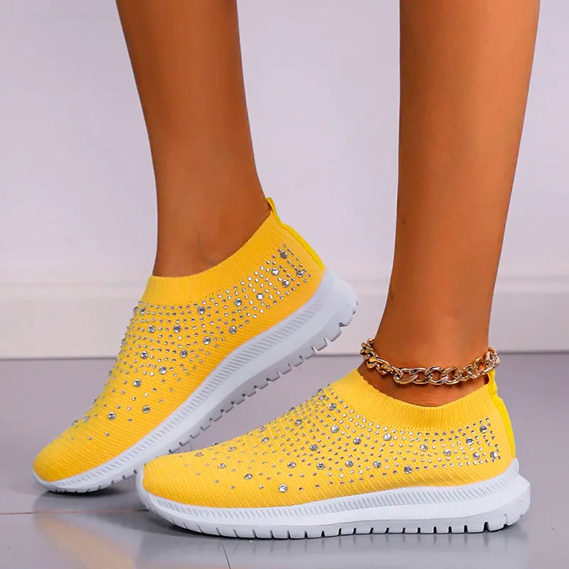 Rimocy Crystal Breathable Mesh Sneaker Shoes for Women Comfortable Soft Bottom Flats Plus Size Slip Casual Shoes Woman Yellow