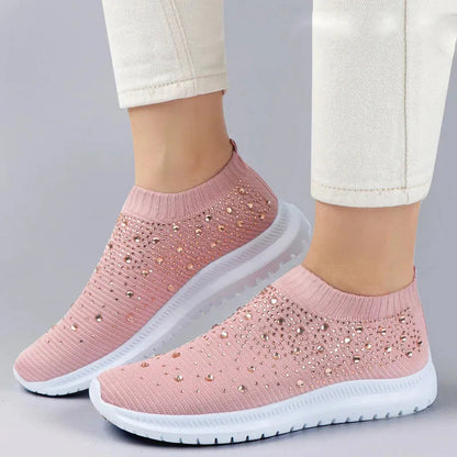 Rimocy Crystal Breathable Mesh Sneaker Shoes for Women Comfortable Soft Bottom Flats Plus Size Slip Casual Shoes Woman Pink