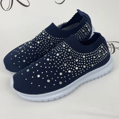 Rimocy Crystal Breathable Mesh Sneaker Shoes for Women Comfortable Soft Bottom Flats Plus Size Slip Casual Shoes Woman dark blue