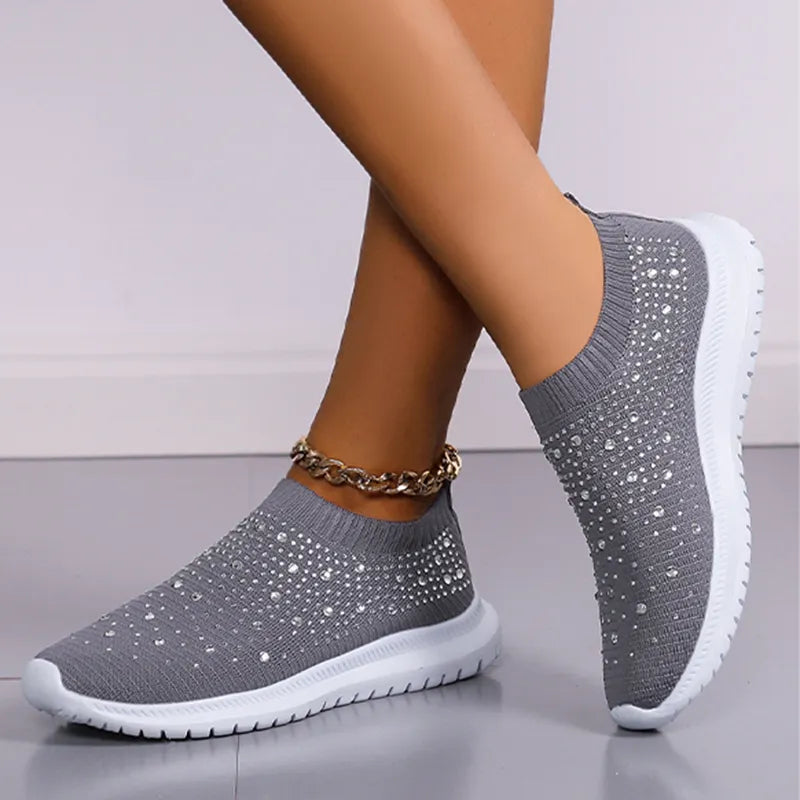 Rimocy Crystal Breathable Mesh Sneaker Shoes for Women Comfortable Soft Bottom Flats Plus Size Slip Casual Shoes Woman Gray