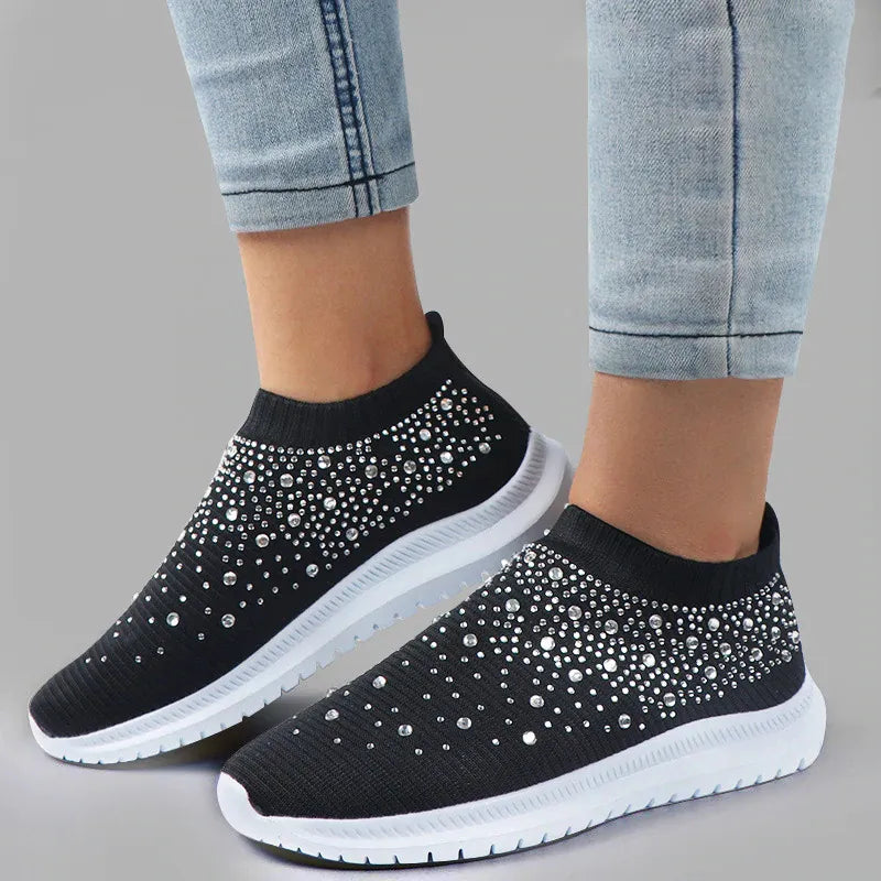 Rimocy Crystal Breathable Mesh Sneaker Shoes for Women Comfortable Soft Bottom Flats Plus Size Slip Casual Shoes Woman Black