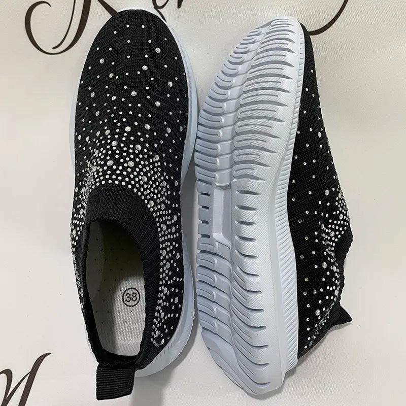Rimocy Crystal Breathable Mesh Sneaker Shoes for Women Comfortable Soft Bottom Flats Plus Size Slip Casual Shoes Woman