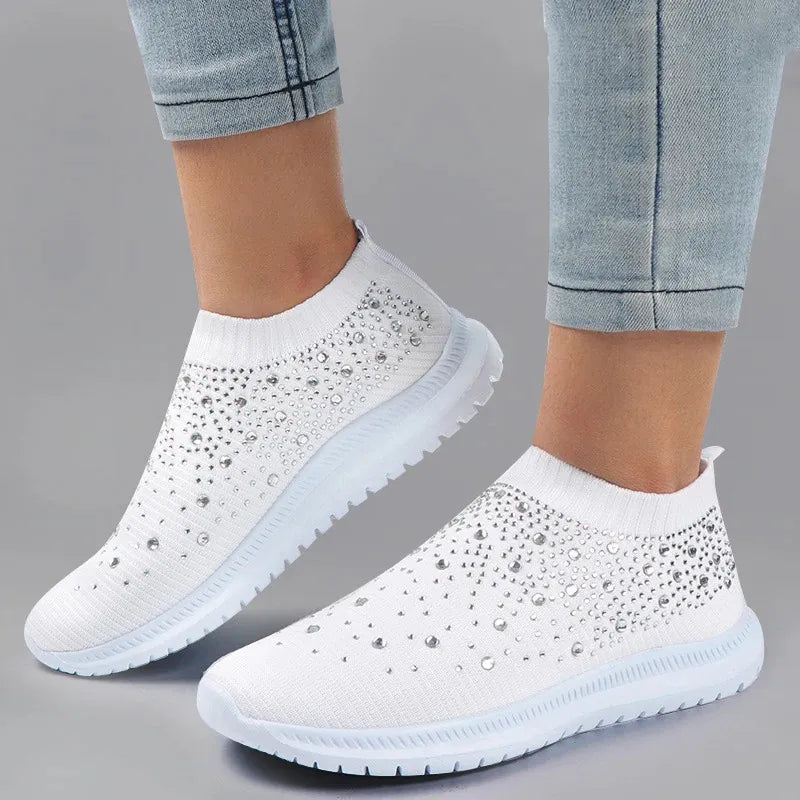 Rimocy Crystal Breathable Mesh Sneaker Shoes for Women Comfortable Soft Bottom Flats Plus Size Slip Casual Shoes Woman White