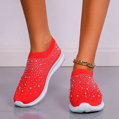 Rimocy Crystal Breathable Mesh Sneaker Shoes for Women Comfortable Soft Bottom Flats Plus Size Slip Casual Shoes Woman Red