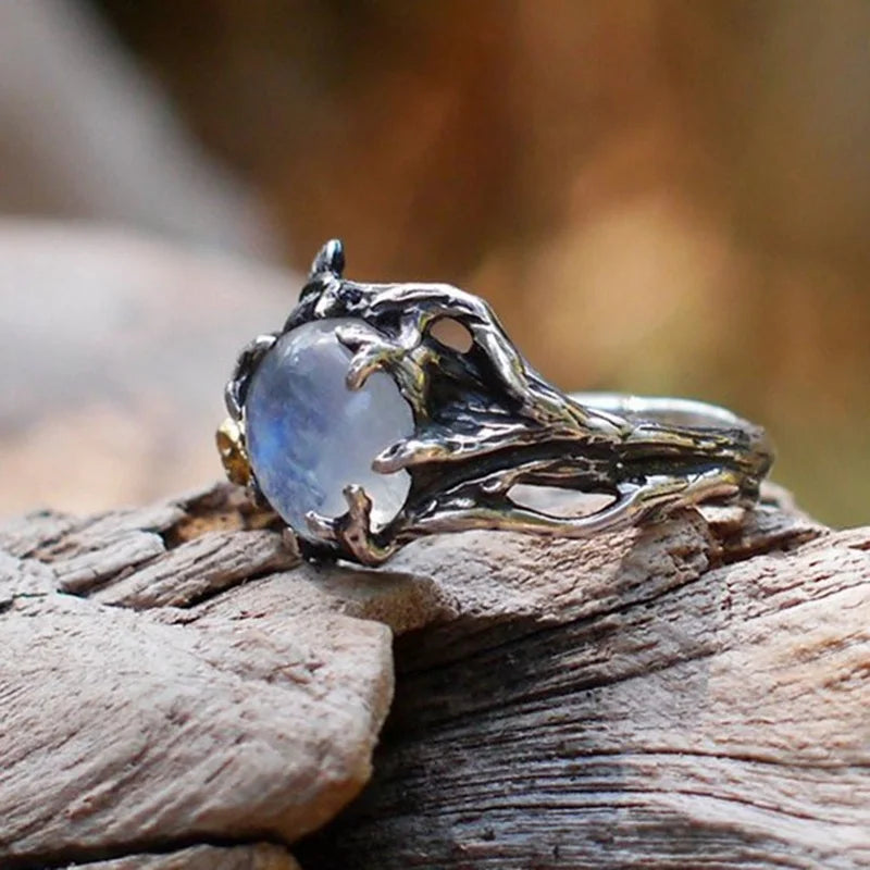 Vintage Moonstone Ring For Women Black Jewelry Gold Flower Finger Ring Female Charming Jewelry Wedding Statement Opal Ring