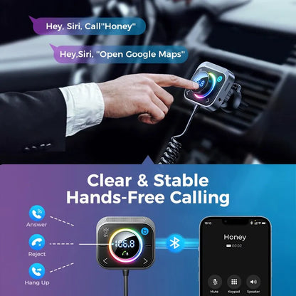 Joyroom Bluetooth 5.3 FM/AUX Bluetooth Car Charger Adapter Air Vent Installation 3 Ports PD&QC 3.0 FM Bluetooth Car Transmitter