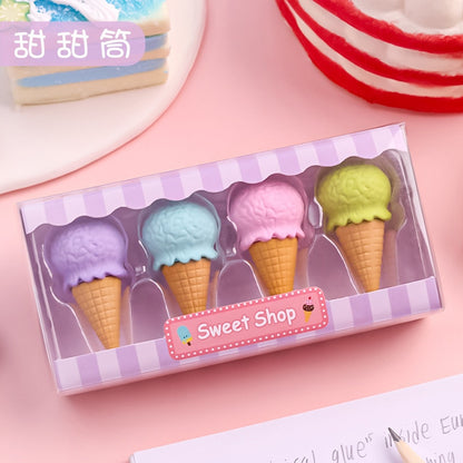 4pcs Yummy Icecream Erasers Set Mini Lollipop Dessert Popsicle Donuts Rubber Pencil Eraser for Kids Gift School Student Award D