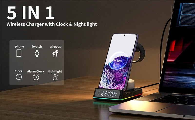 5 In 1 15W Foldable Wireless Charger Stand RGB LED Clock Fast Charging Station Dock for iPhone Samsung Galaxy Watch 5/4 S22 S21