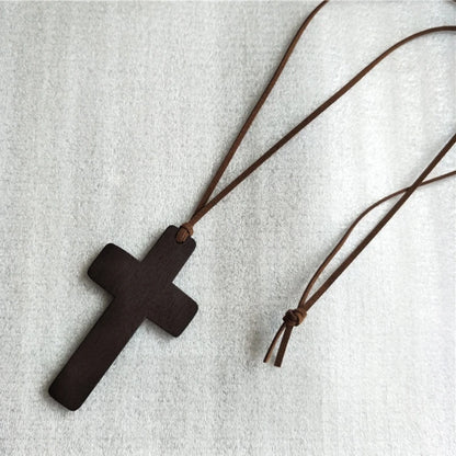 Retro Men Women Necklace with Brown/Black Rope Cross Pendant Christian Religious Natural Wooden for Children Boys Girls