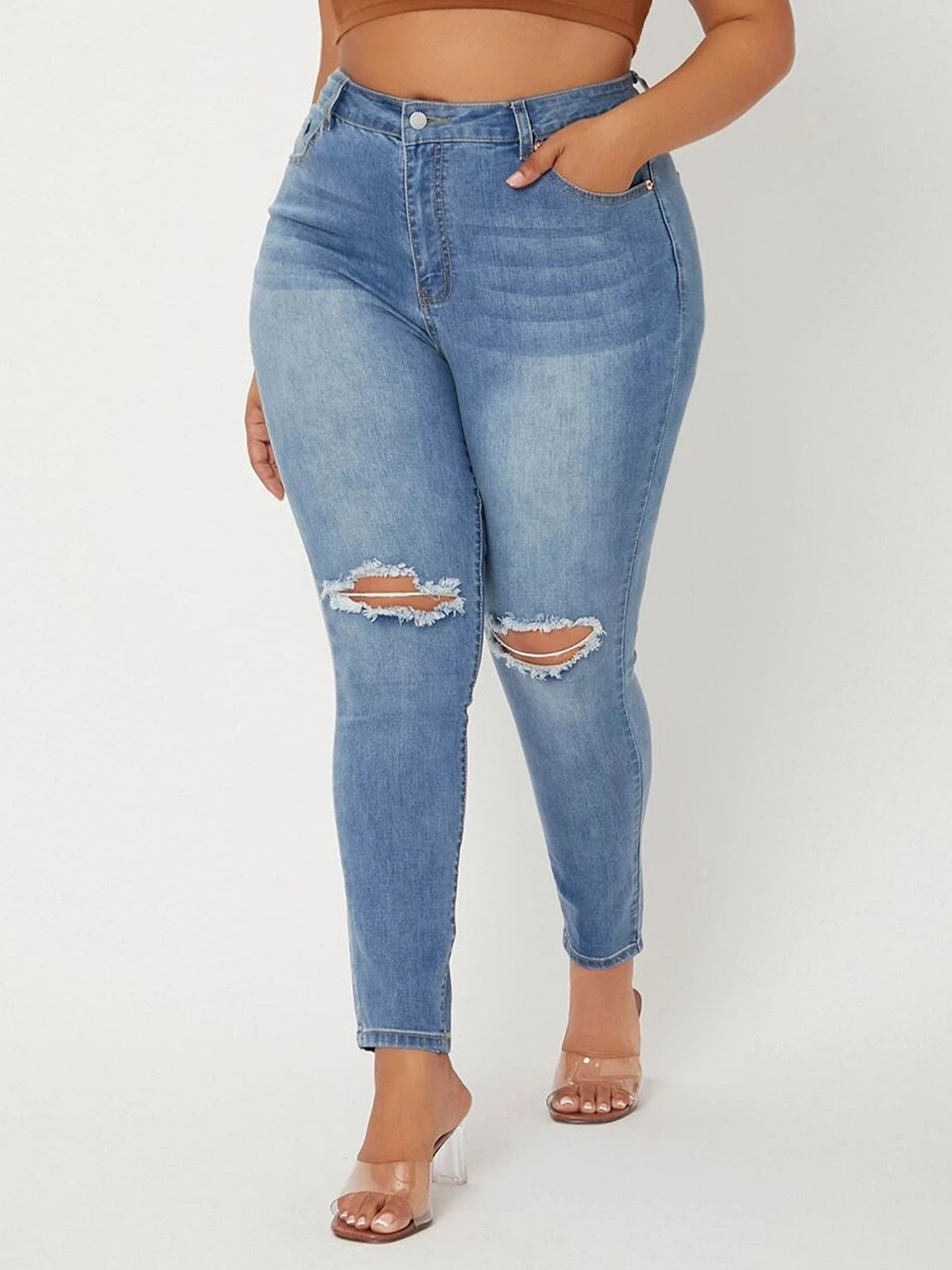 Plus Size Ripped Jeans for Women High Waist Stretchy Washing Hope Women Jeans Spring 2023 Denim Jeans for Ladies 6XL 80kgs Jeans