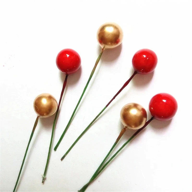 100pcs Artificial Berries Gold Silver Red Cherry Stamen Mini Fake Flowers Pearl Beads for DIY Christmas Party Craft Decoration