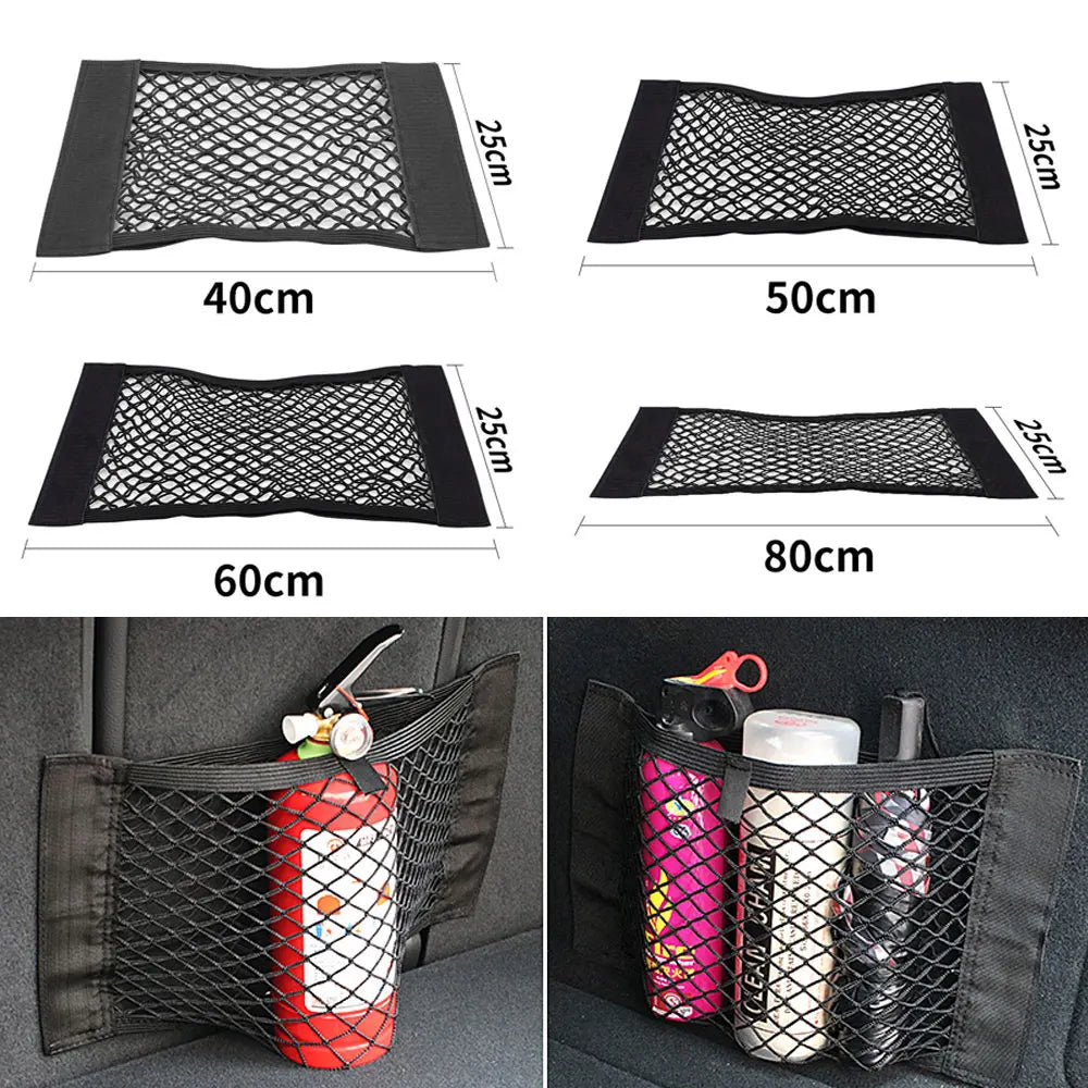 Car Back Rear Trunk Organizer Net Mesh Seat Elastic String Magic Sticker Universal Storage Bag Pocket Auto Organizer