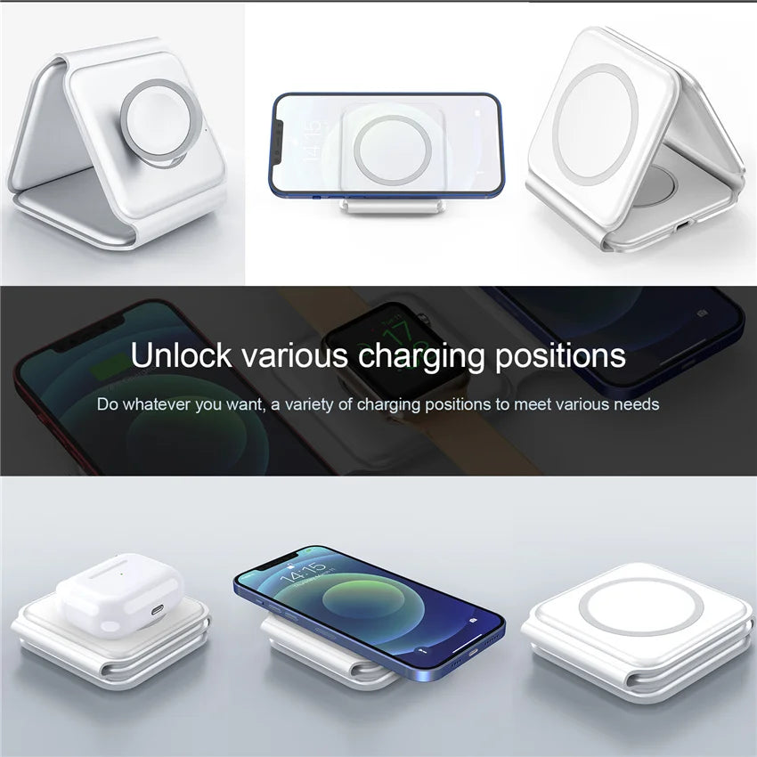 3 In 1 Magnetic Wireless Charger Pad Stand Foldable for iPhone 15 14 13 12 11 Apple Watch AirPods 15W Fast Charging Dock Station