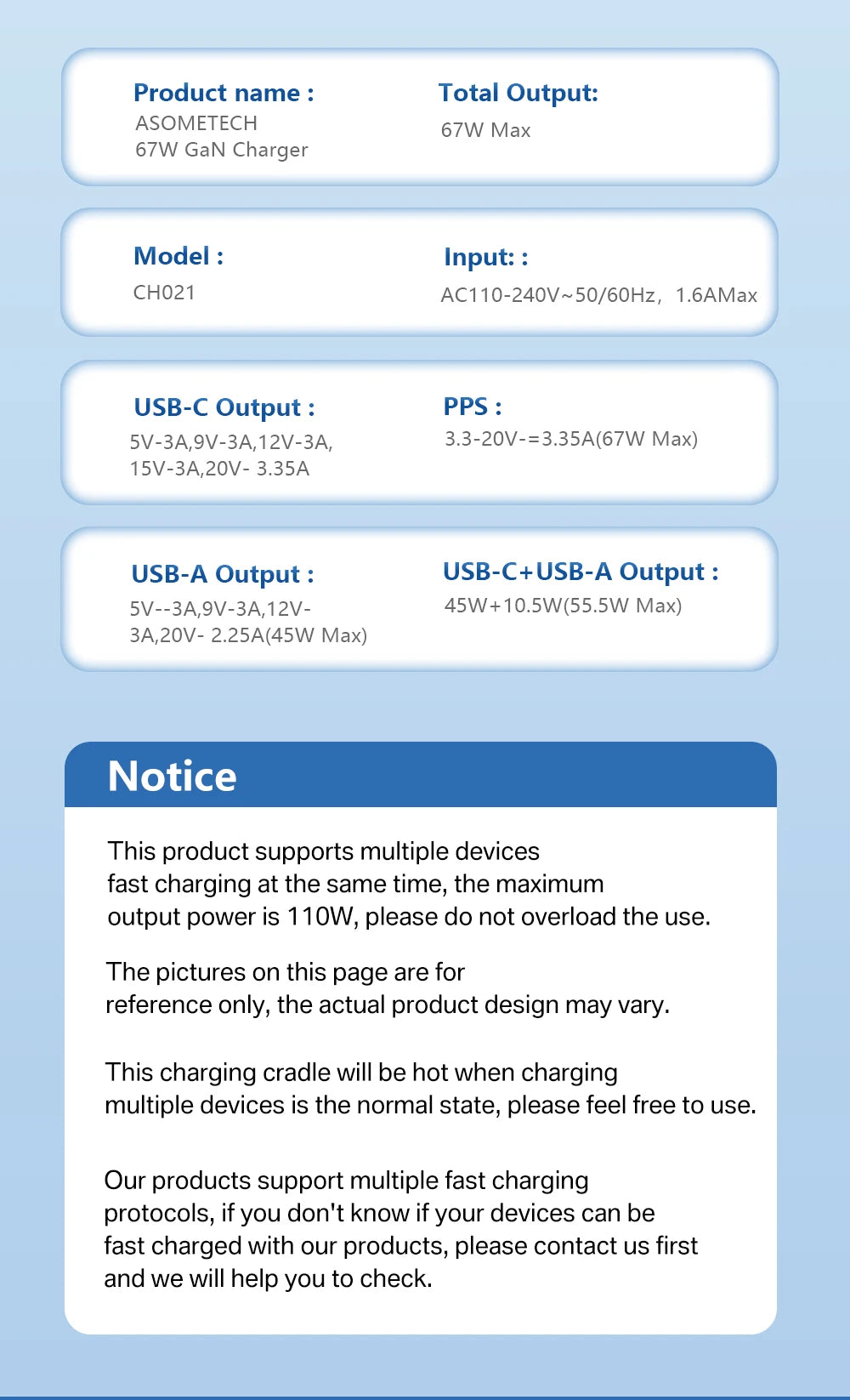 ASOMETECH 67W GaN Charger Ultra Thin Quick Charge QC3.0 PD PPS Mini USB Type C Charger For Macbook Laptop iPhone 14 iPad Samsung