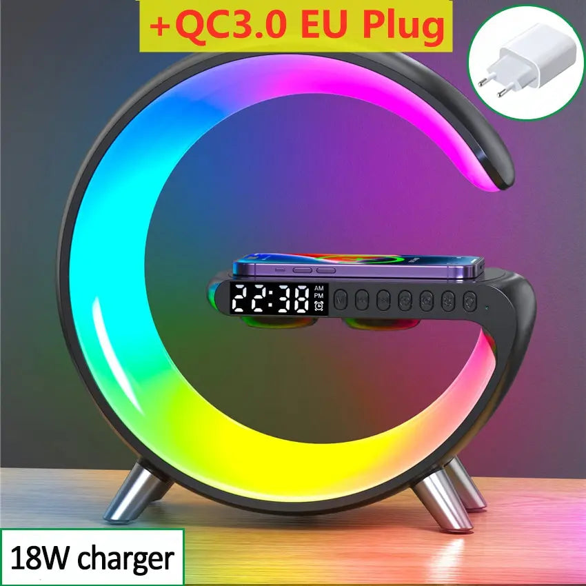 Multifunctional Wireless Charger Stand Alarm Clock Speaker APP RGB Light Fast Charging Station for iPhone X 11 12 13 14 Samsung black with EU plug