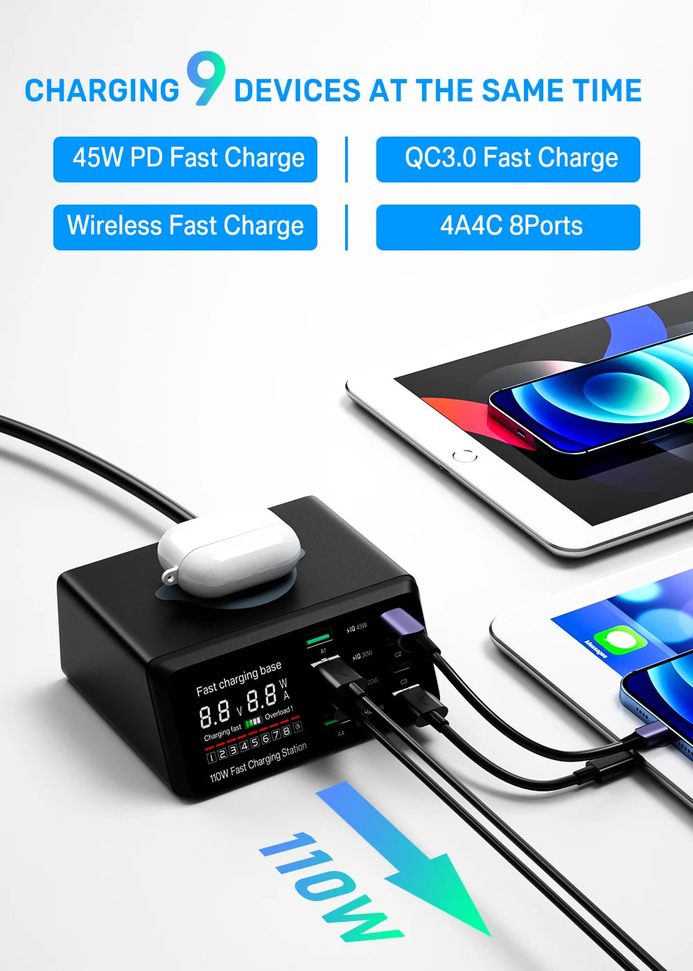 ASOMETECH 110W USB Type C Charger Wireless Charing Multi Ports Fast Phone Charger PD QC3.0 Quick Charge For iPhone 14 13 Xiaomi