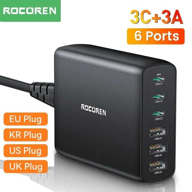 Rocoren 100W USB Charger Type C PD Fast Charging Multiple 6 Ports Desktop Charger Station For iPhone 14 13 Pro Xiaomi POCO