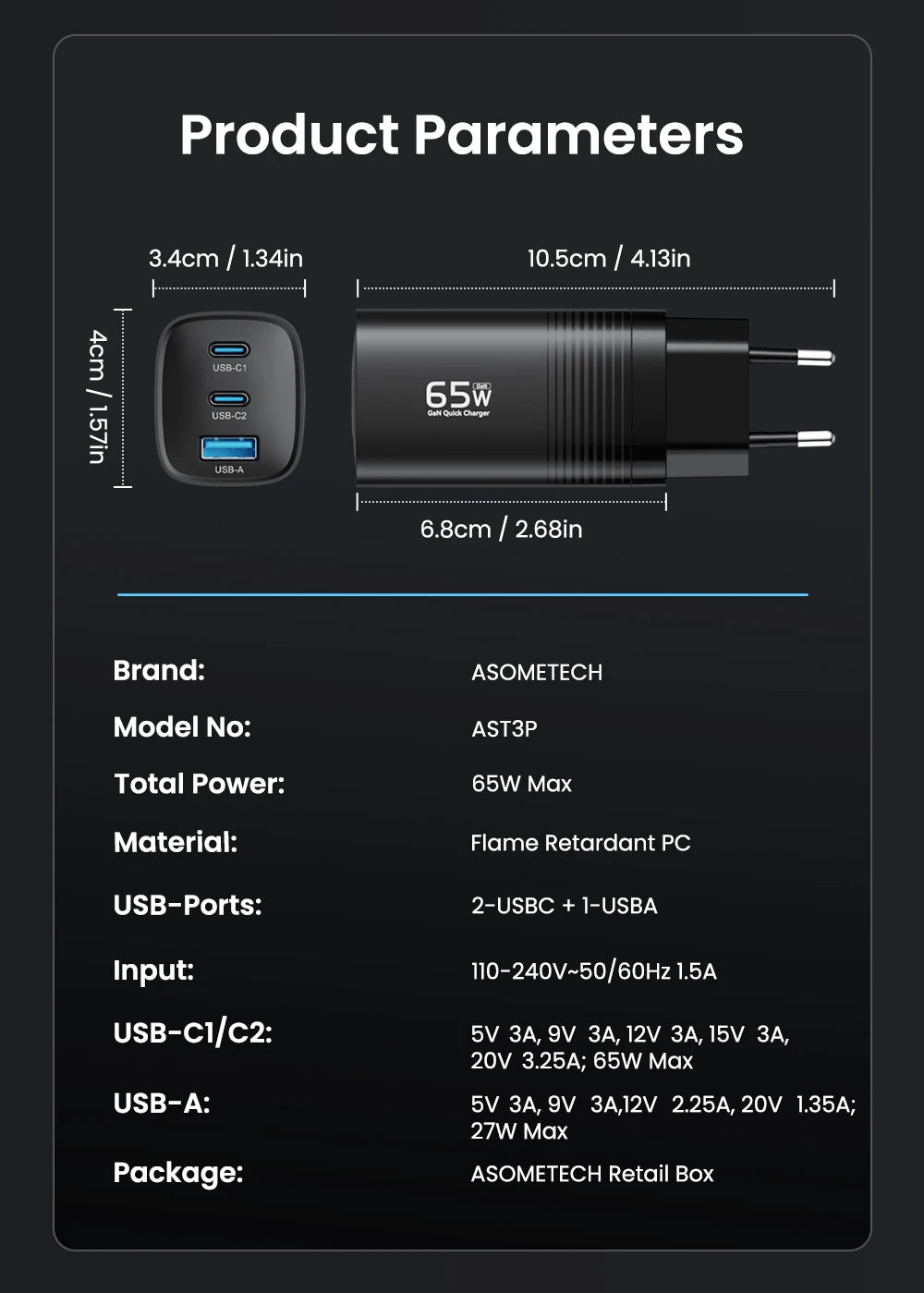 ASOMETECH GaN USB Type C Charger 65W 45W PPS PD QC4.0 Quick Charger For Macbook Laptop IPAD Tablet iPhone 14 Samsung S23 Ultra