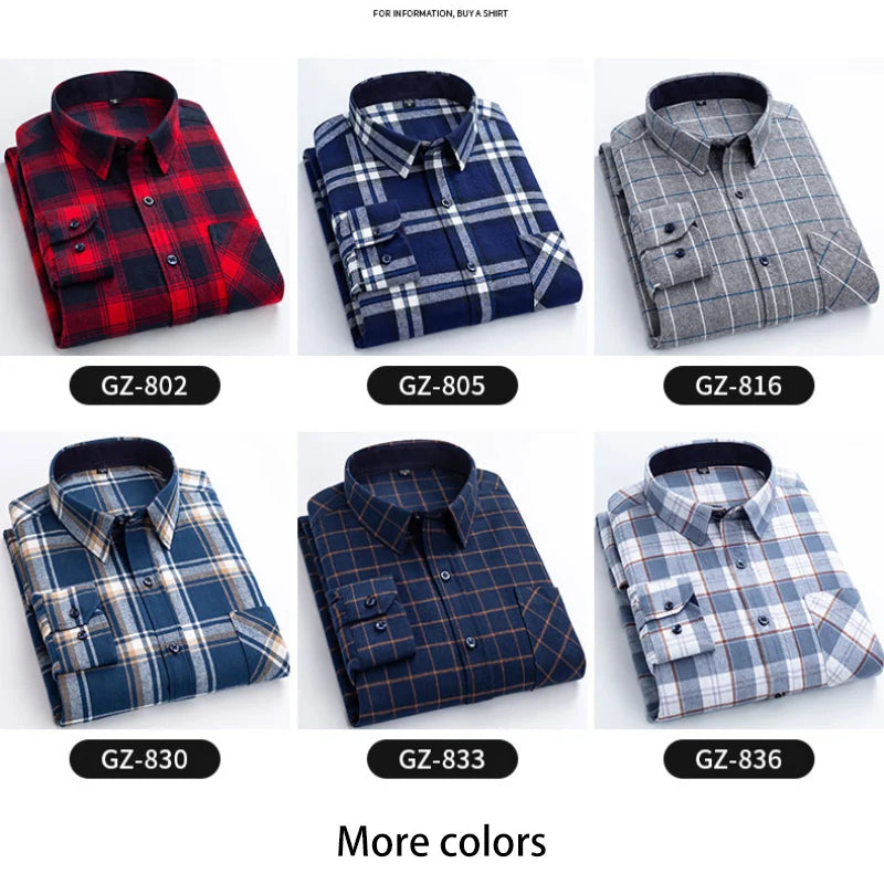 Long Sleeve Regular Fit Home New Spring Autumn 100% Cotton Plaid Mens Shirts Casual for Man Clothes Plus Size