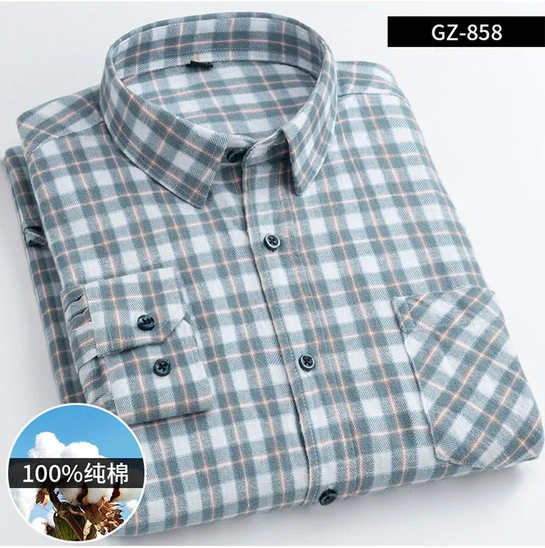 Long Sleeve Regular Fit Home New Spring Autumn 100% Cotton Plaid Mens Shirts Casual for Man Clothes Plus Size