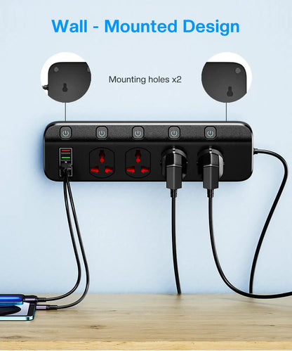 2500W Power Strip Overload Protection With 4 Universal Socket 5 Swich 4 USB Charging Ports USB C Charger 1.97M Extension Cable