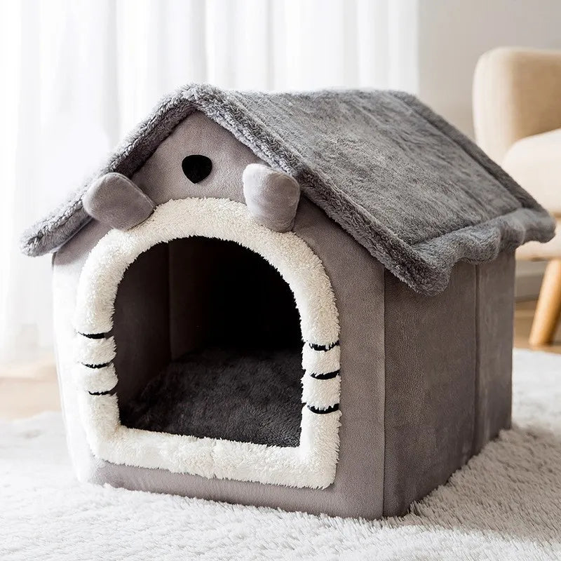 Soft Cat Bed Deep Sleep House Dog Cat Winter House Removable Cushion Enclosed Pet Tent For Kittens Puppy Cama Gato Supplies Gray