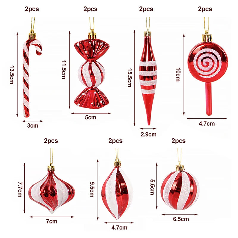 14Pcs/box Christmas Candy Cane Red Ball Ornaments Xmas Tree Hanging Pendants Navidad New Year Home Decorations 2024 Natal Gift