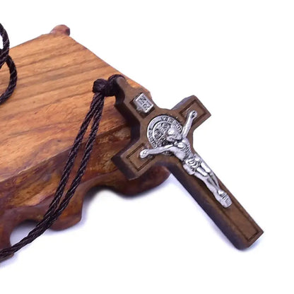 Retro Men Women Necklace with Brown/Black Rope Cross Pendant Christian Religious Natural Wooden for Children Boys Girls