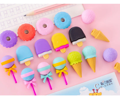 4pcs Yummy Icecream Erasers Set Mini Lollipop Dessert Popsicle Donuts Rubber Pencil Eraser for Kids Gift School Student Award