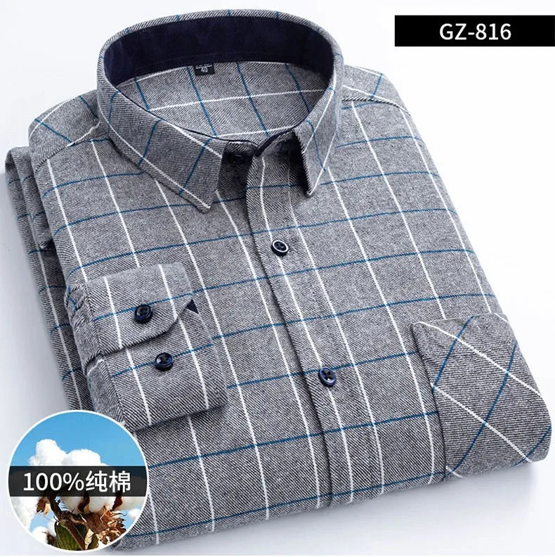 Long Sleeve Regular Fit Home New Spring Autumn 100% Cotton Plaid Mens Shirts Casual for Man Clothes Plus Size