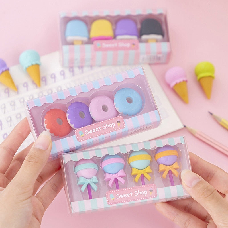 4pcs Yummy Icecream Erasers Set Mini Lollipop Dessert Popsicle Donuts Rubber Pencil Eraser for Kids Gift School Student Award