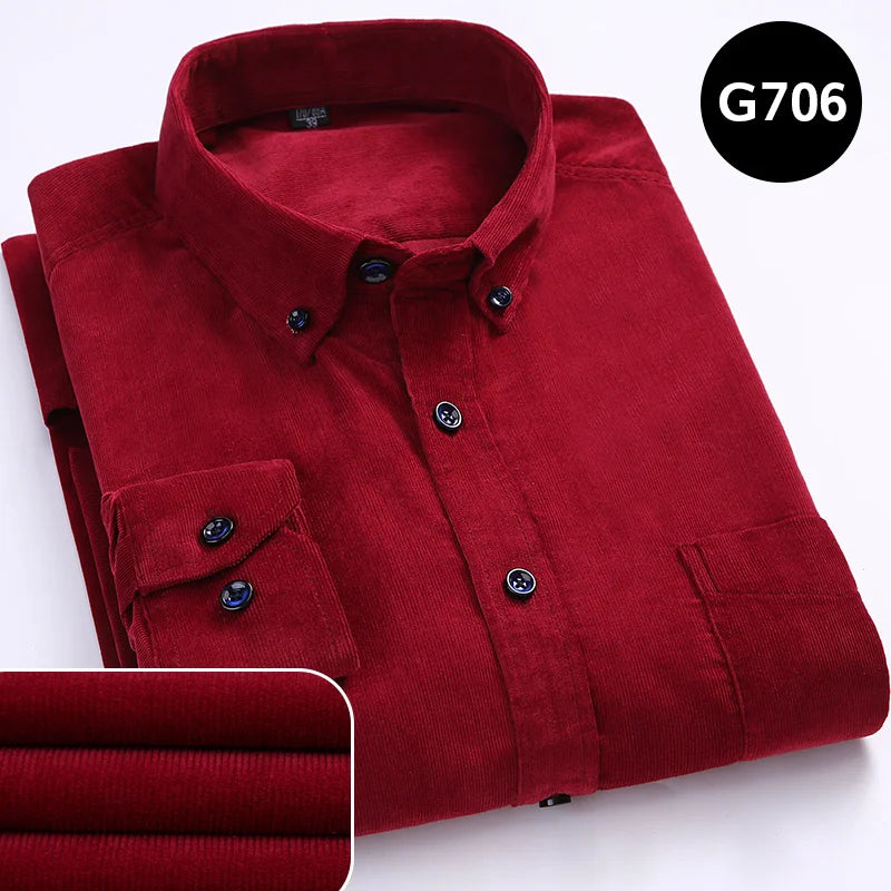 Cotton Corduroy Shirt Long Sleeve Winter Regular Fit Mens Casual Shirt Warm S~6xl Solid Men's Shirts with Pokets Autumn Quality G706