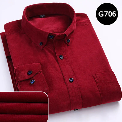 Cotton Corduroy Shirt Long Sleeve Winter Regular Fit Mens Casual Shirt Warm S~6xl Solid Men's Shirts with Pokets Autumn Quality G706